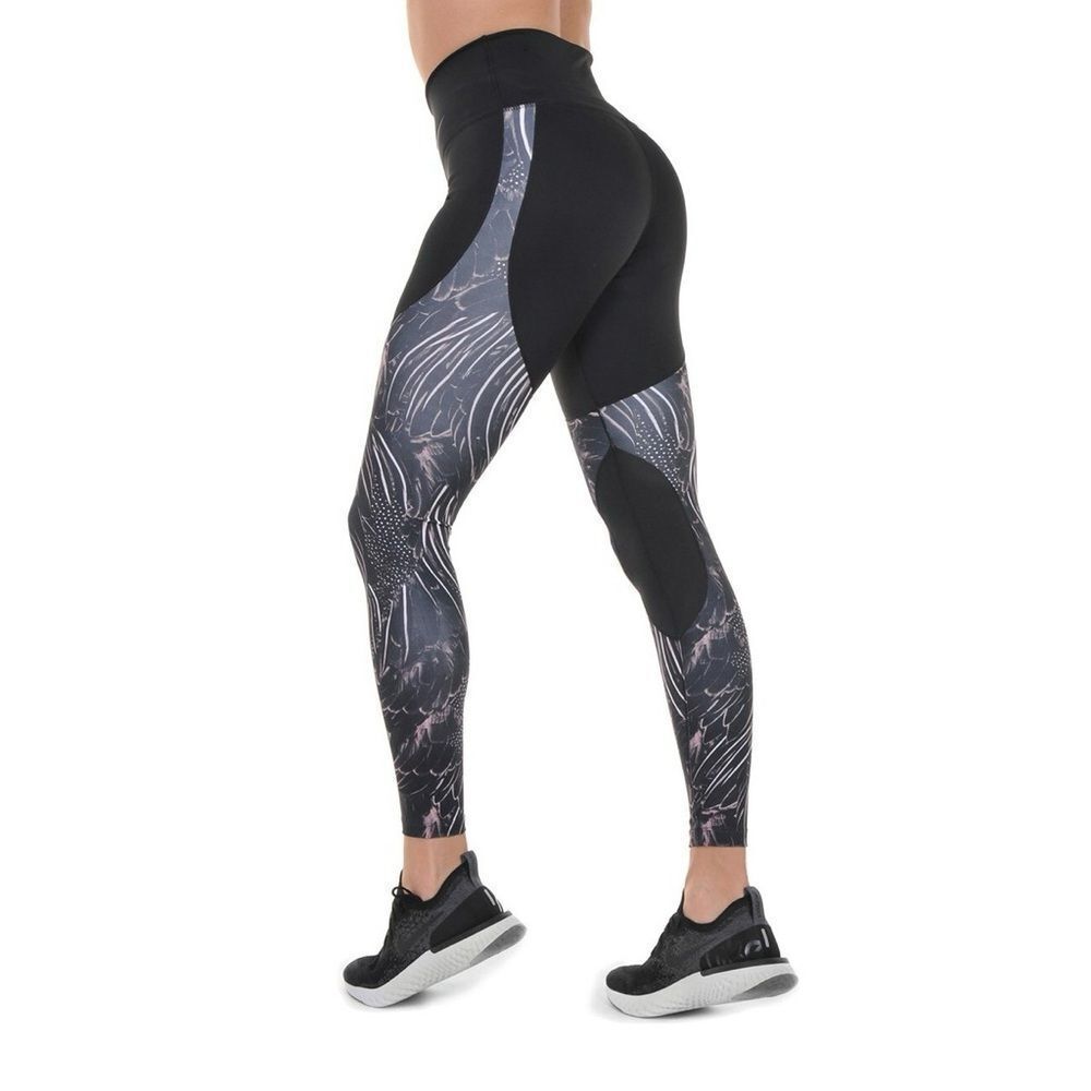 Nike Power Gym Flutter Feathers Print Leggings Black Grey Womens Small